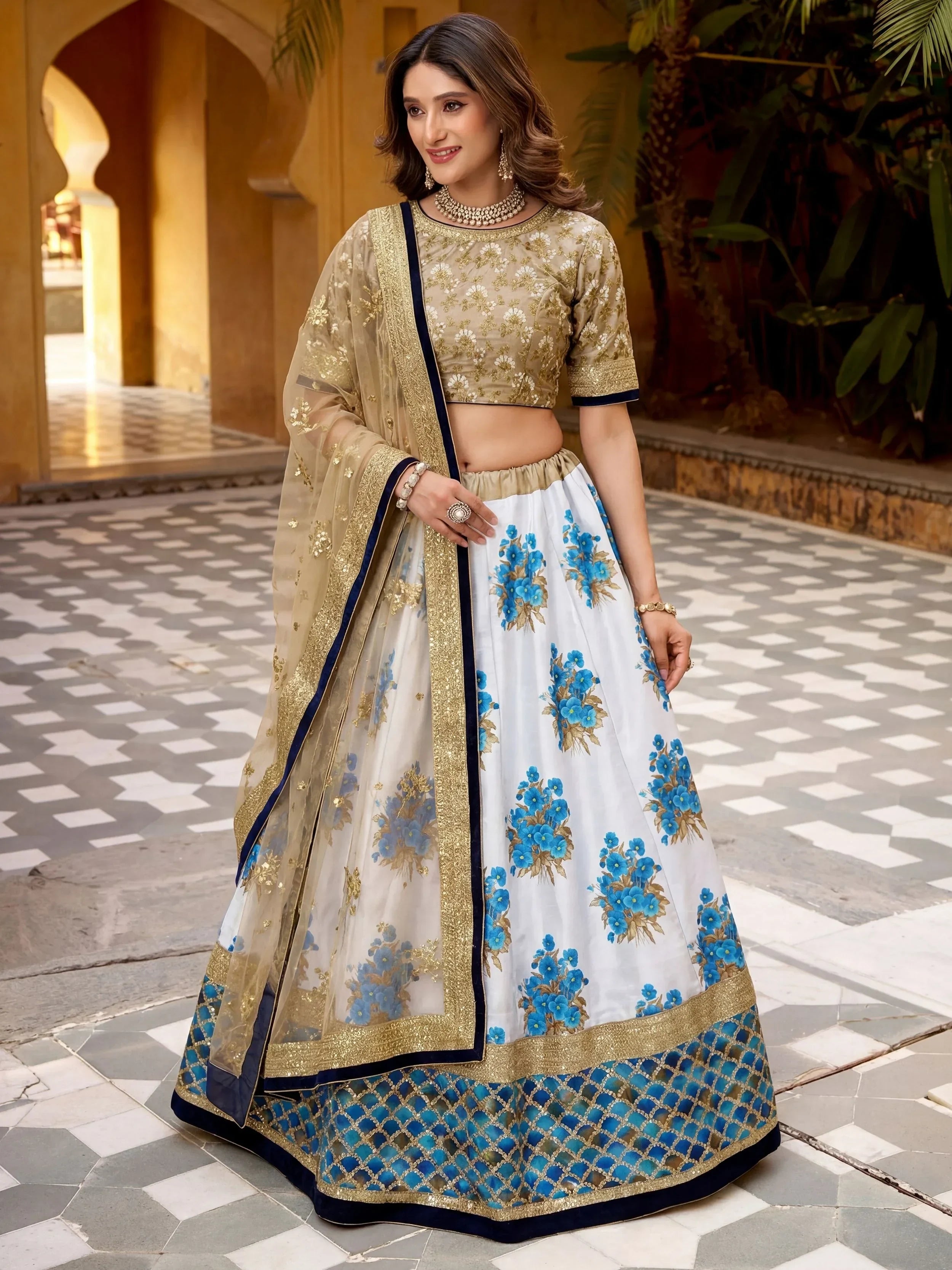 Awesome Multi-Color Embroidered Silk Sangeet Wear Lehenga Choli