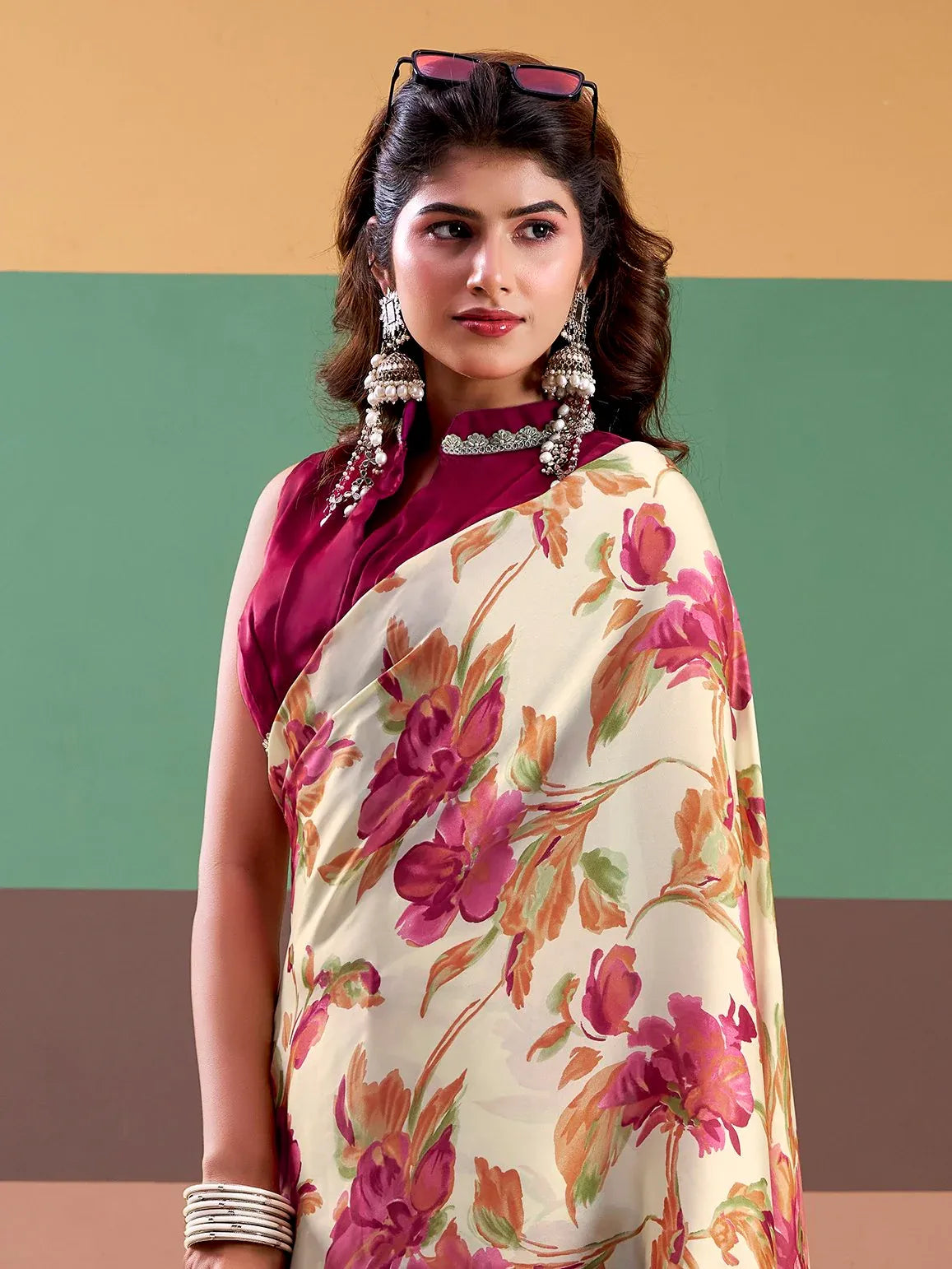 Captivating Pink Floral Printed Satin Festive Wear Saree With Blouse