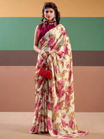 Captivating Pink Floral Printed Satin Festive Wear Saree With Blouse