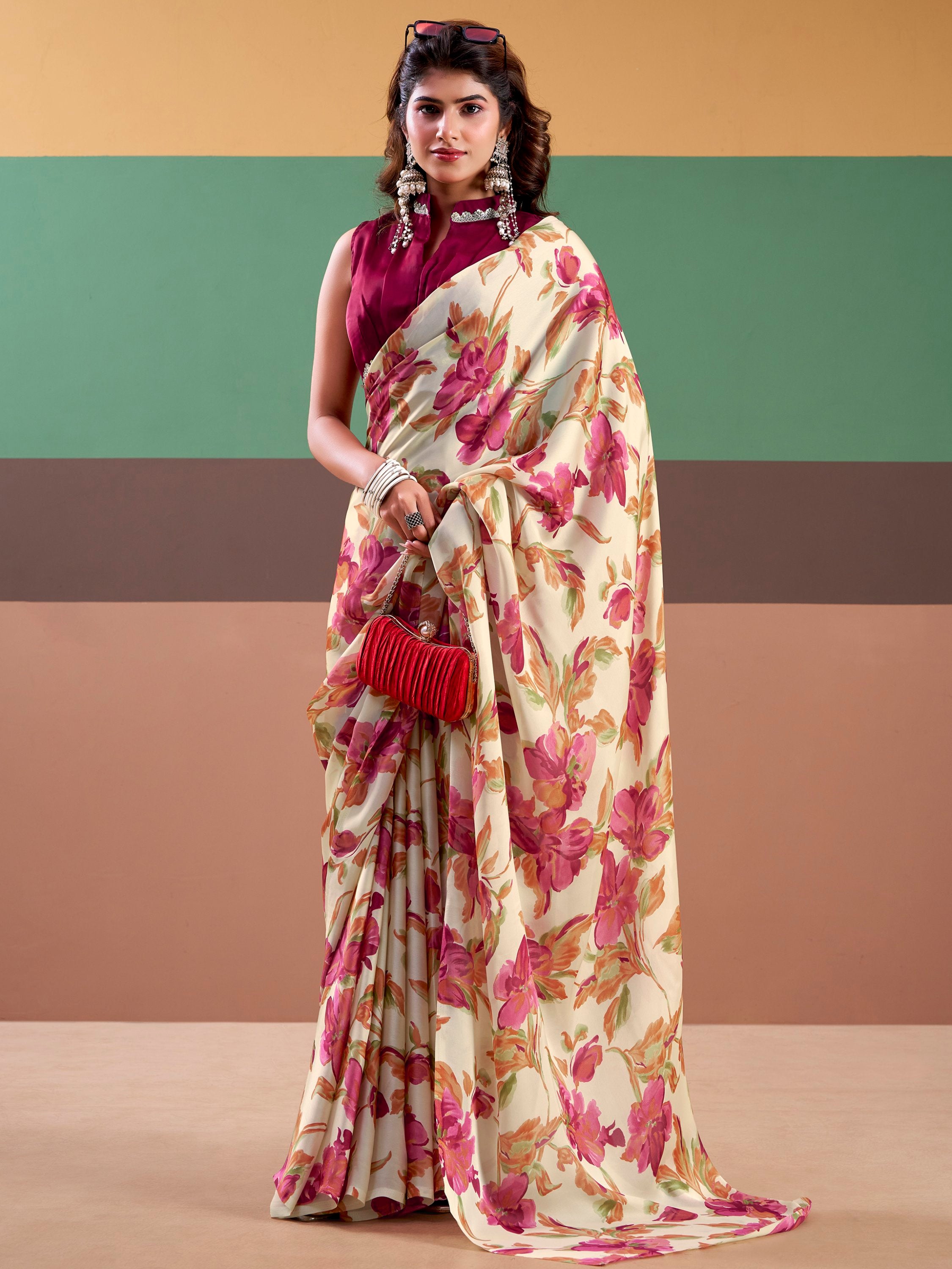Captivating Pink Floral Printed Satin Festive Wear Saree With Blouse