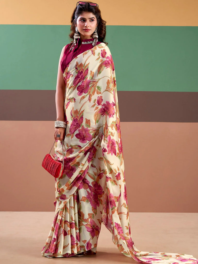 Captivating Pink Floral Printed Satin Festive Wear Saree With Blouse