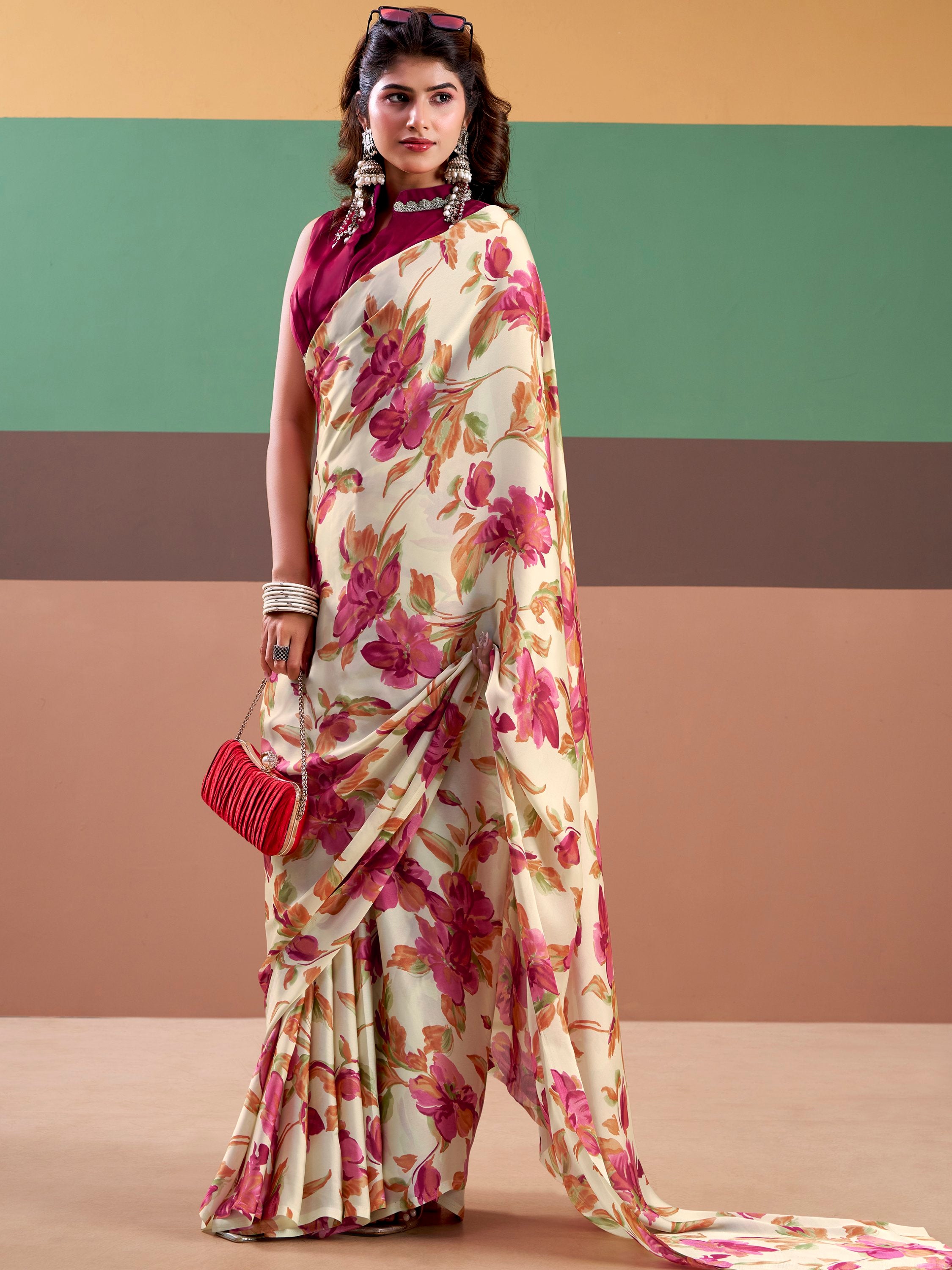 Captivating Pink Floral Printed Satin Festive Wear Saree With Blouse
