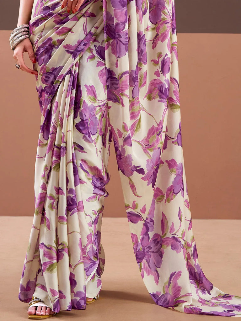 Magnetic Purple Floral Printed Satin Function Wear Saree With Blouse