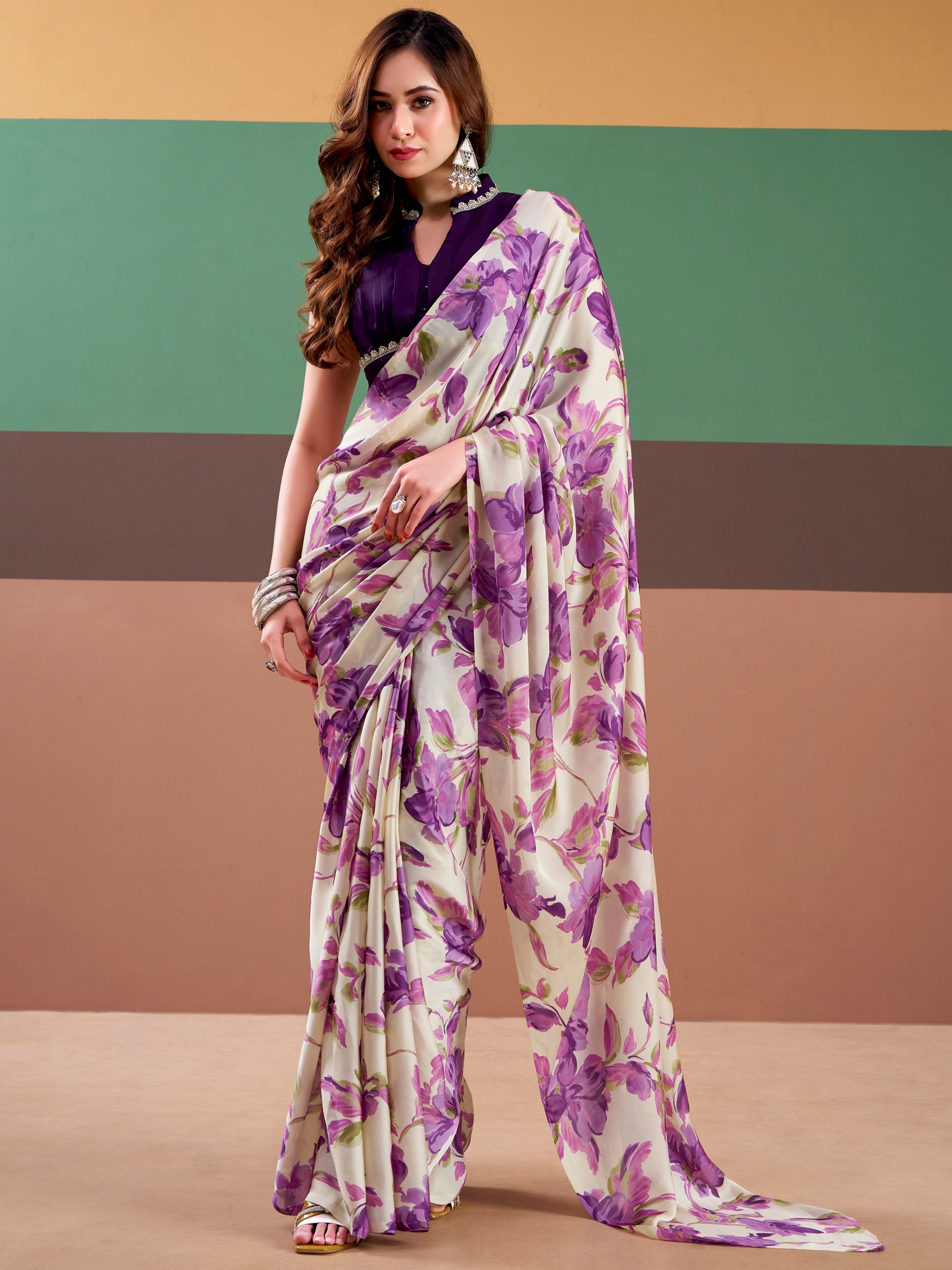 Magnetic Purple Floral Printed Satin Function Wear Saree With Blouse