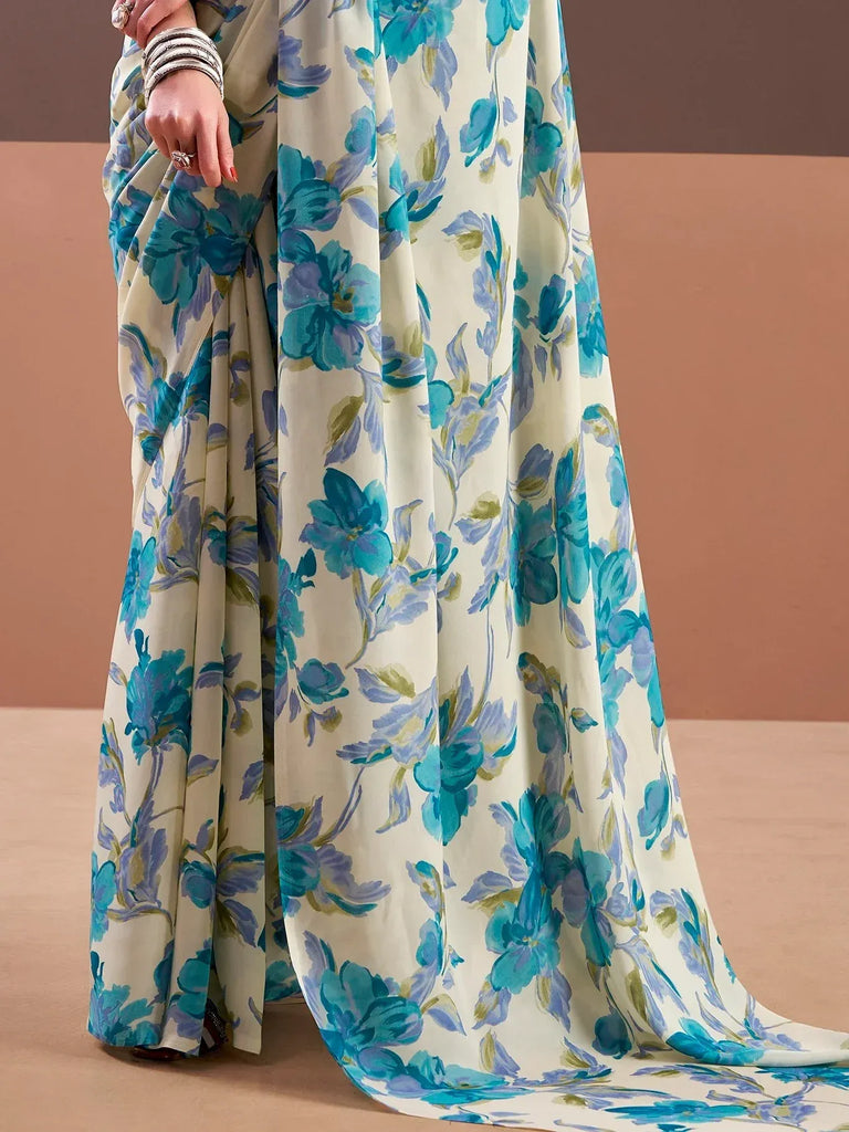 Precious Sky Blue Floral Printed Satin Casual Wear Saree With Blouse
