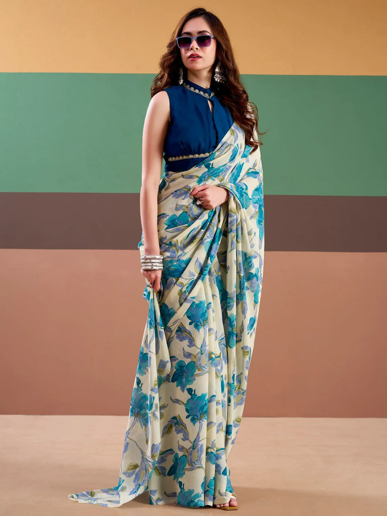 Precious Sky Blue Floral Printed Satin Casual Wear Saree With Blouse