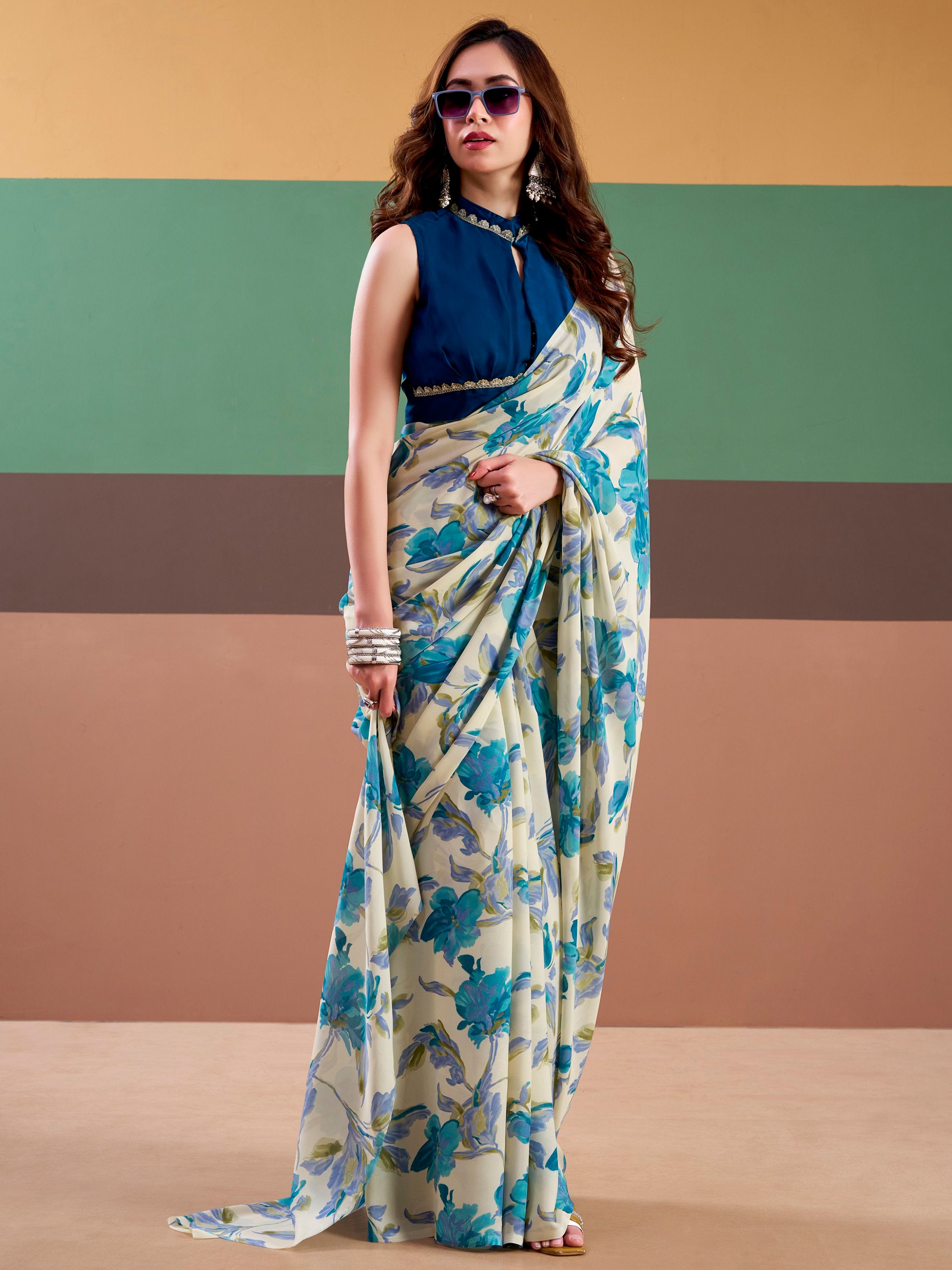 Precious Sky Blue Floral Printed Satin Casual Wear Saree With Blouse