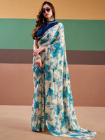 Precious Sky Blue Floral Printed Satin Casual Wear Saree With Blouse