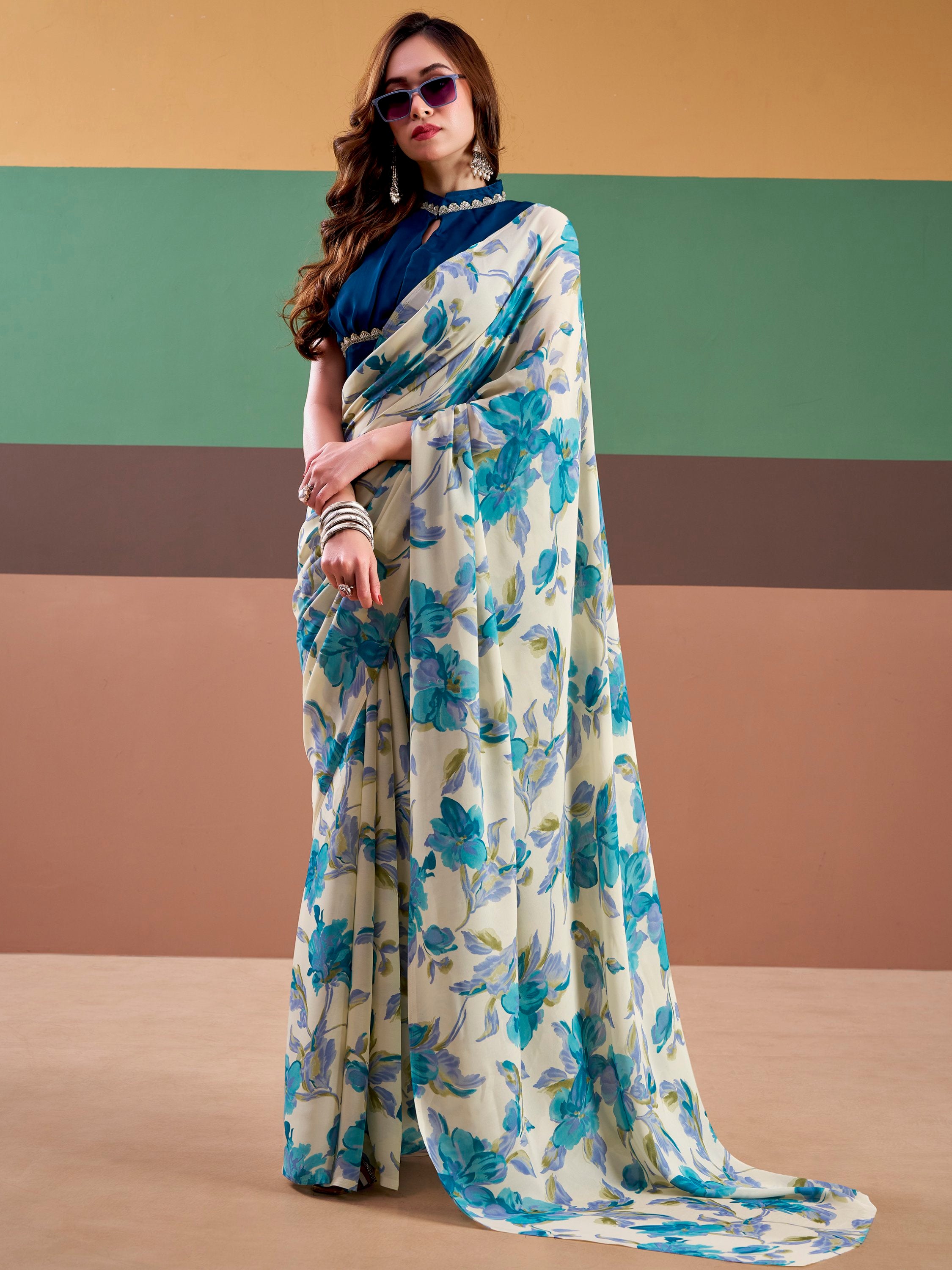 Precious Sky Blue Floral Printed Satin Casual Wear Saree With Blouse