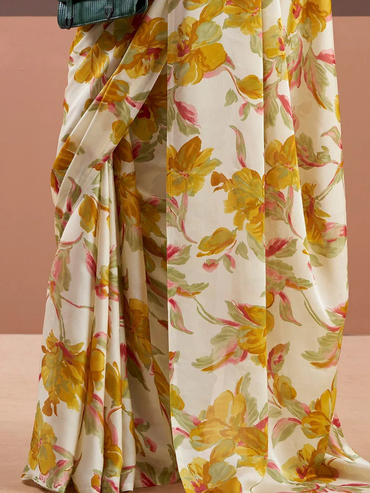 Aesthetic Yellow Floral Printed Satin Haldi Wear Saree With Blouse