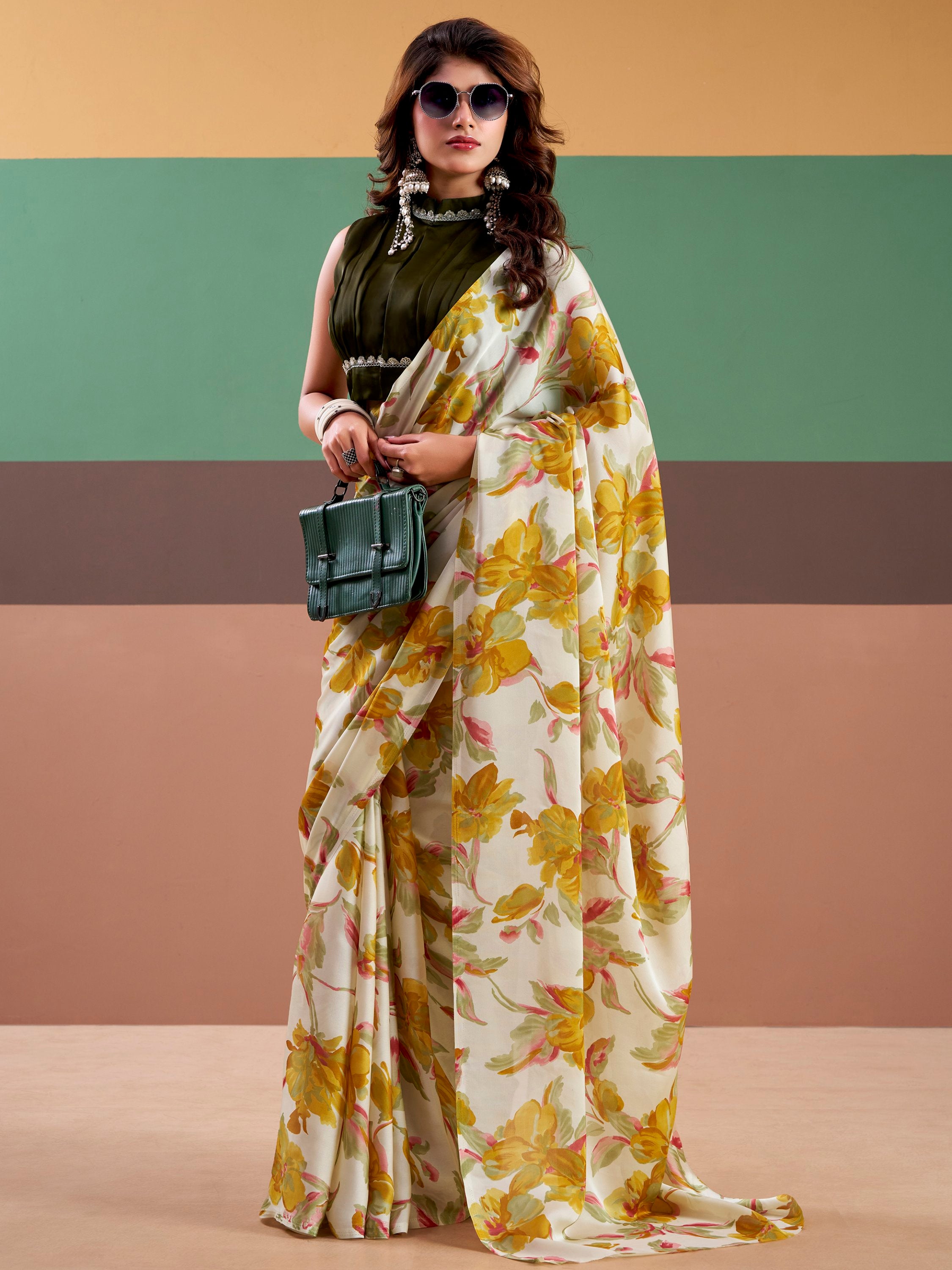 Aesthetic Yellow Floral Printed Satin Haldi Wear Saree With Blouse