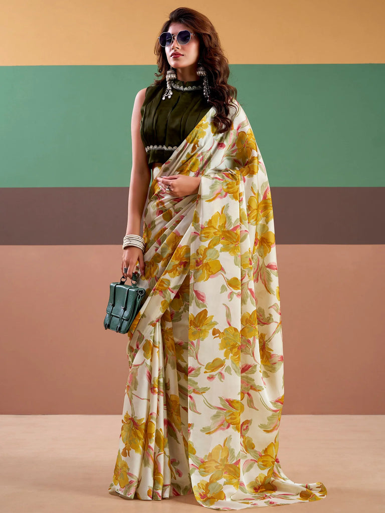 Aesthetic Yellow Floral Printed Satin Haldi Wear Saree With Blouse