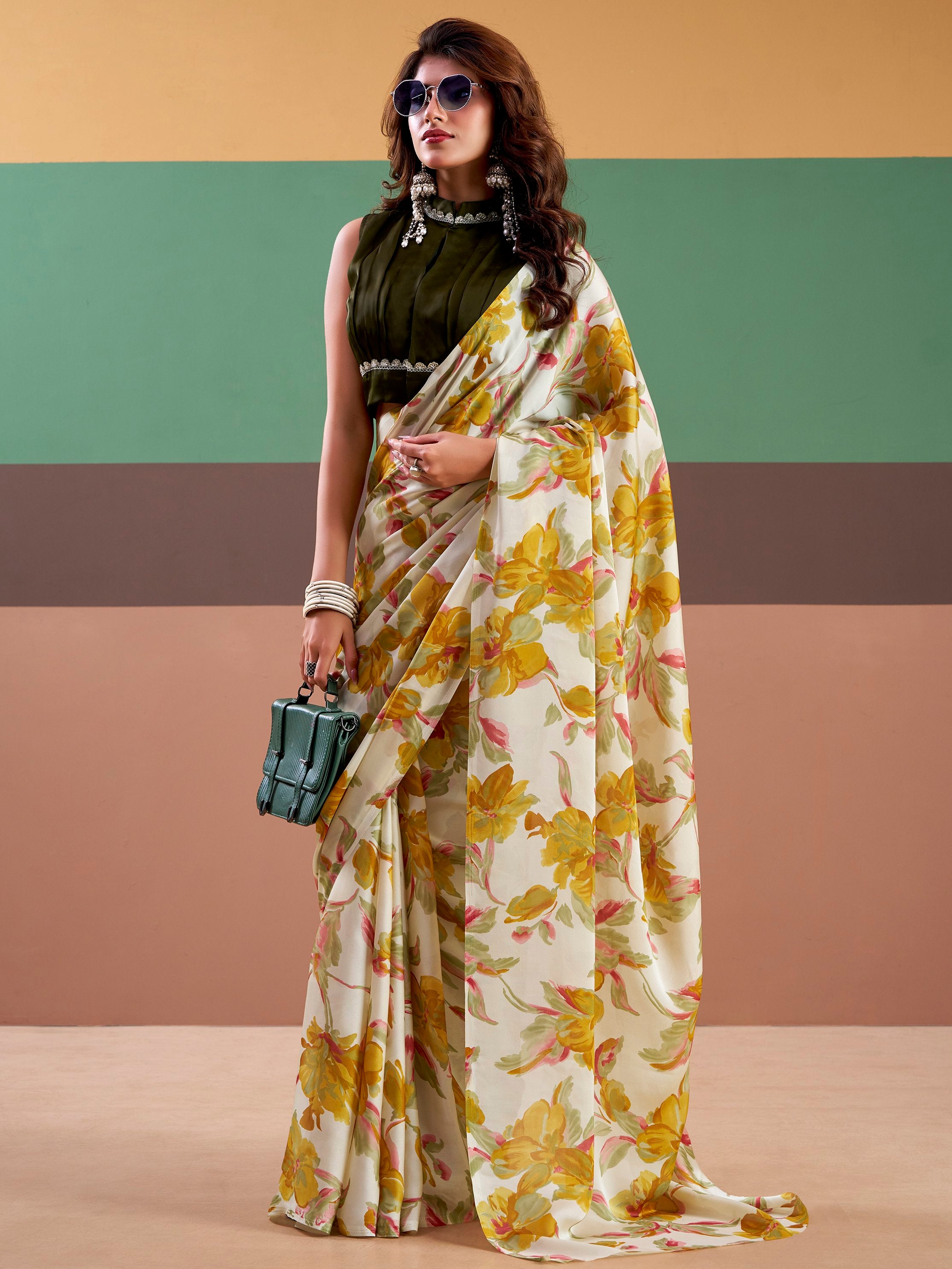 Aesthetic Yellow Floral Printed Satin Haldi Wear Saree With Blouse