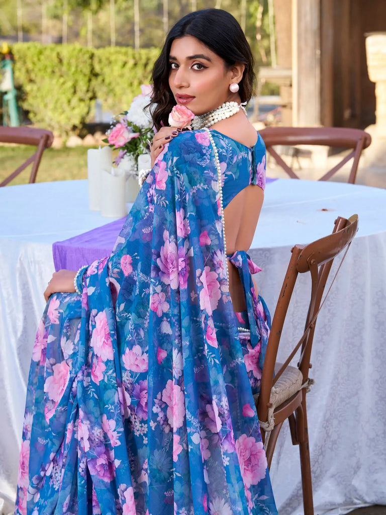 Aesthetic Blue Floral Printed Chiffon Office Wear Saree With Blouse