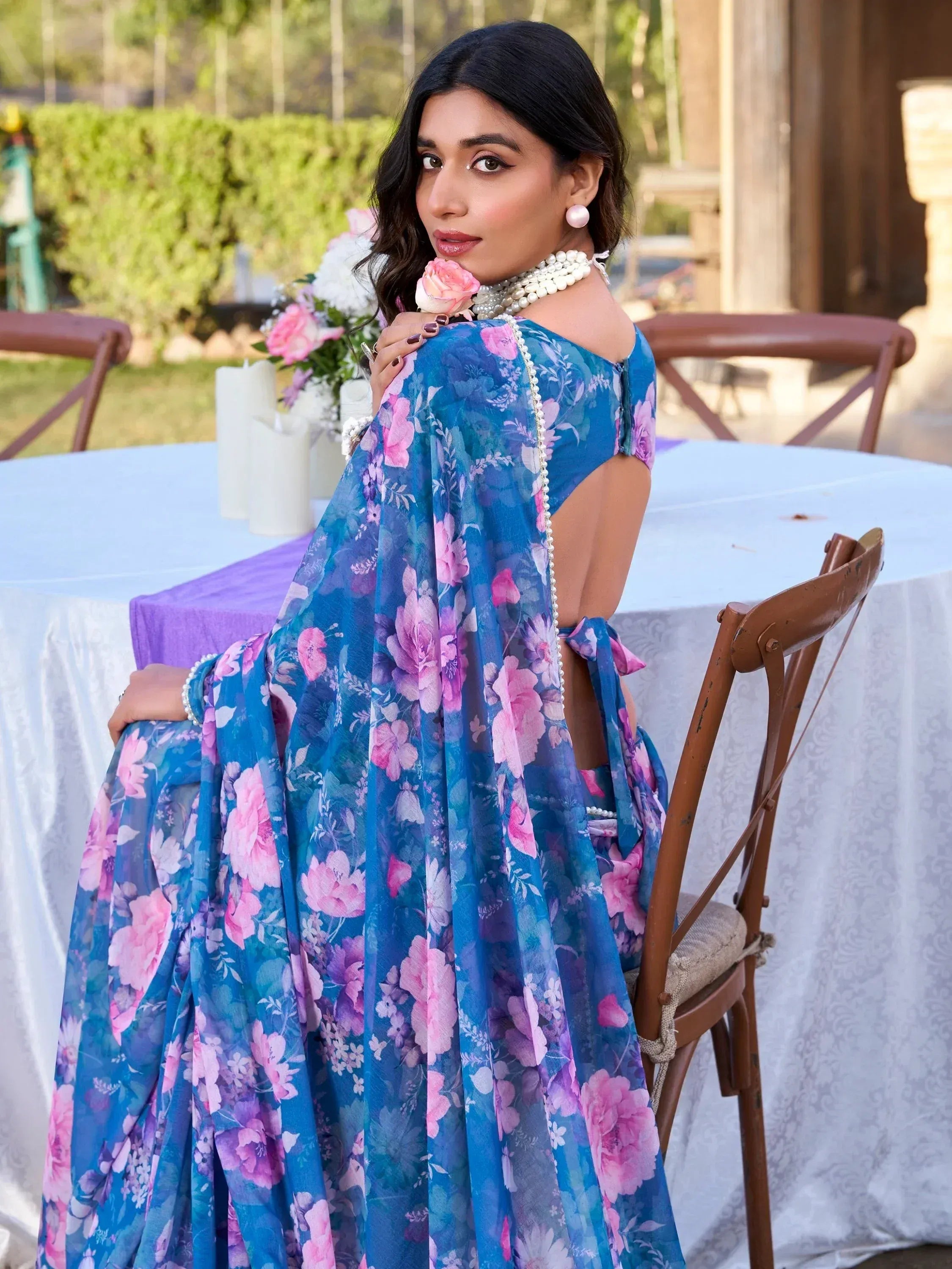 Aesthetic Blue Floral Printed Chiffon Office Wear Saree With Blouse