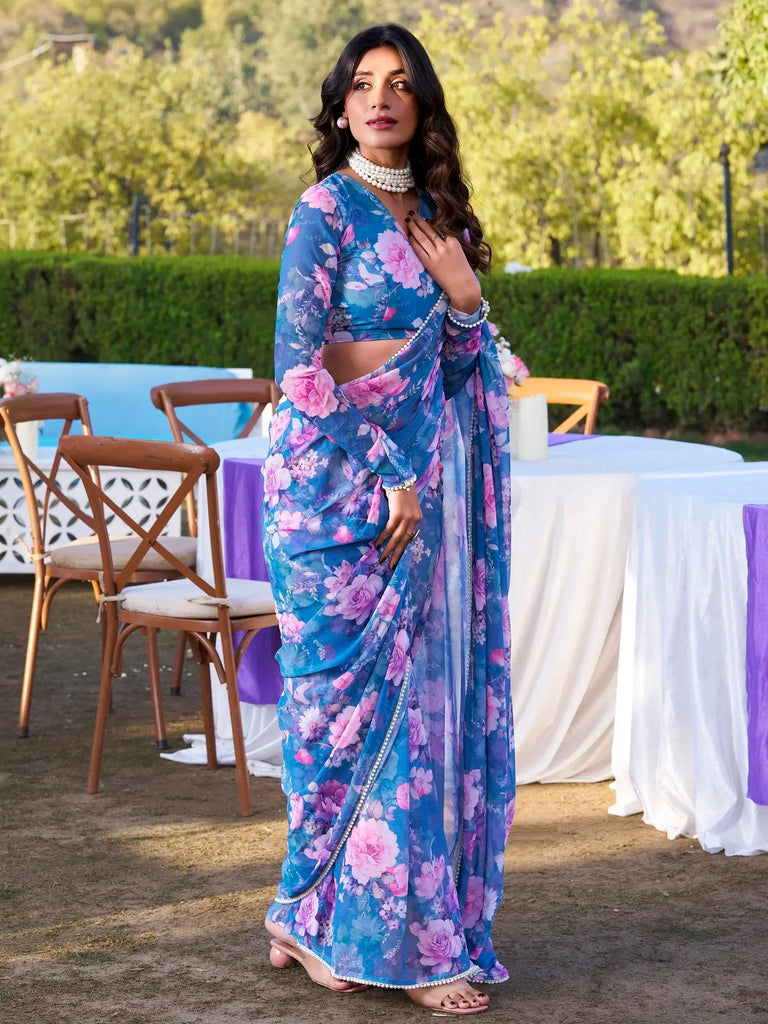 Aesthetic Blue Floral Printed Chiffon Office Wear Saree With Blouse