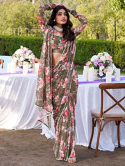 Incredible Mehendi Green Floral Printed Chiffon Casual Wear Saree