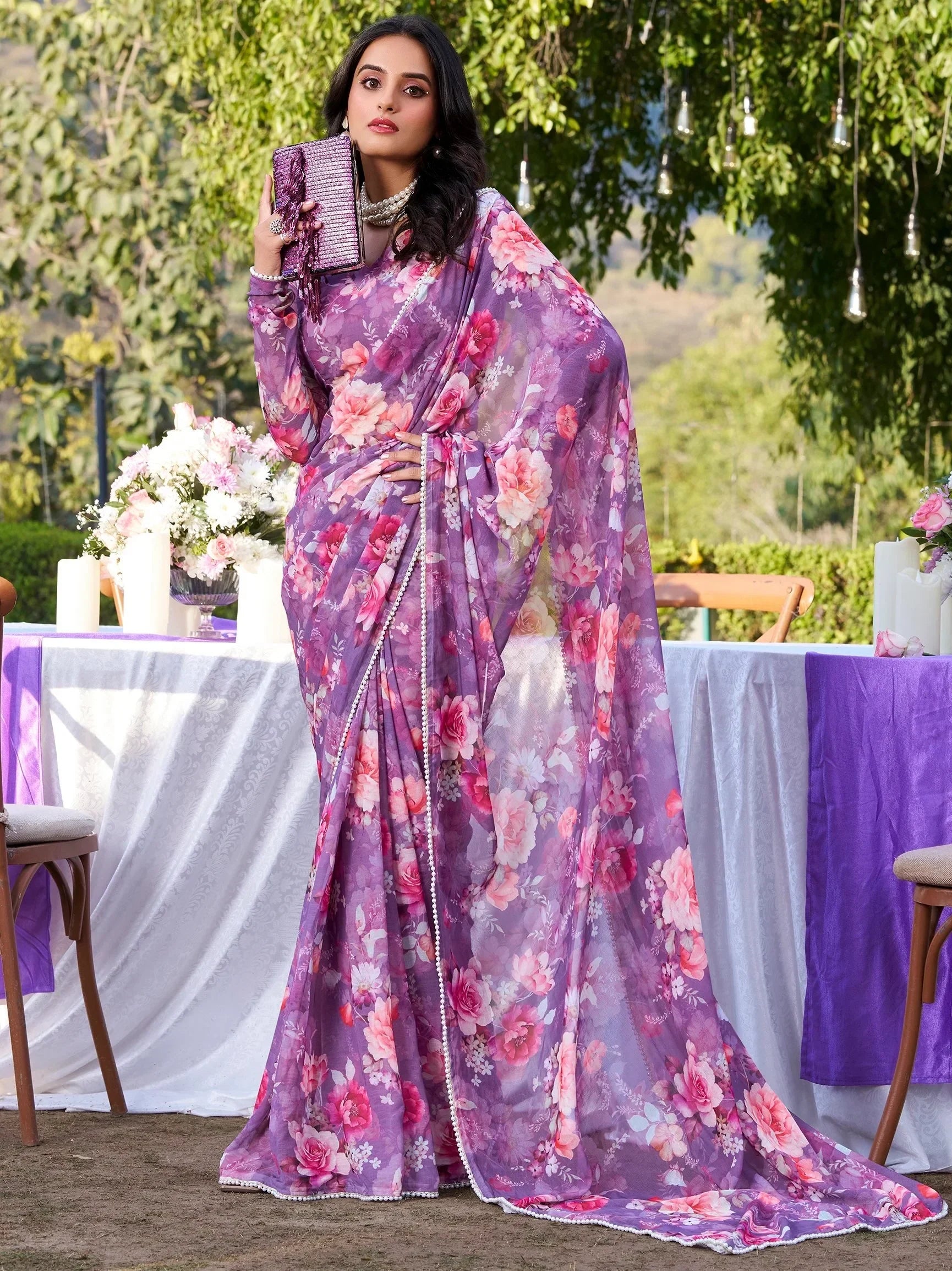 Exquisite Purple Floral Printed Chiffon Saree With Blouse