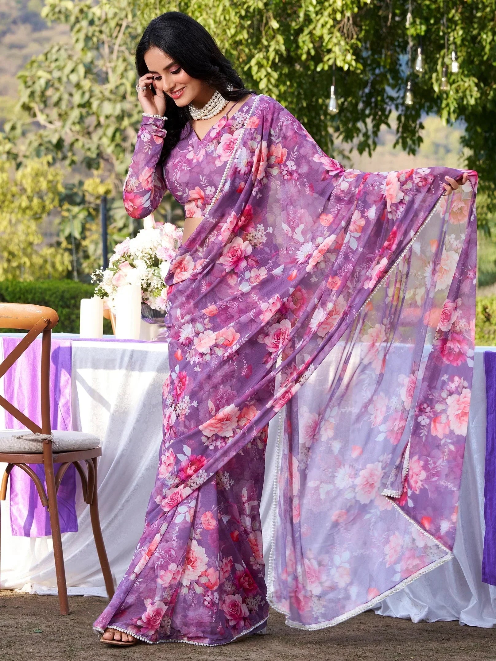 Exquisite Purple Floral Printed Chiffon Saree With Blouse
