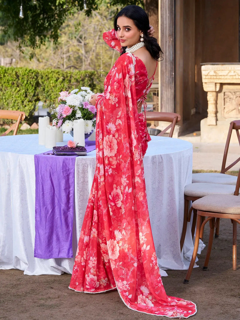 Desirable Red Floral Printed Chiffon Event Wear Saree With Blouse
