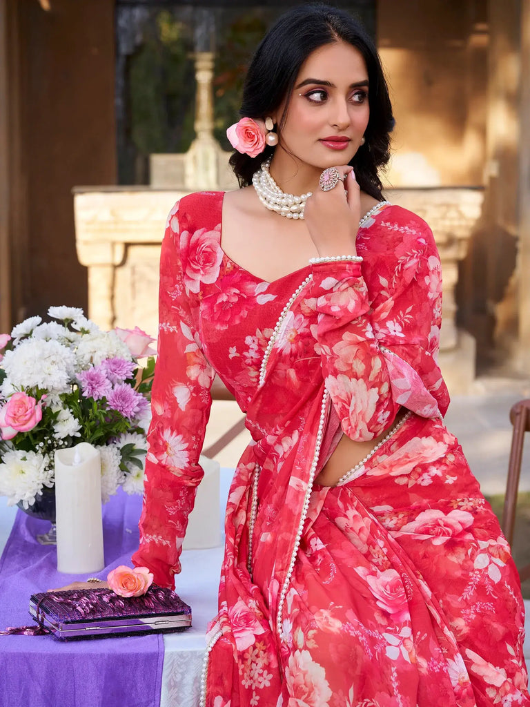 Desirable Red Floral Printed Chiffon Event Wear Saree With Blouse