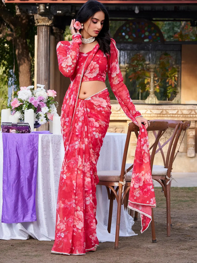 Desirable Red Floral Printed Chiffon Event Wear Saree With Blouse