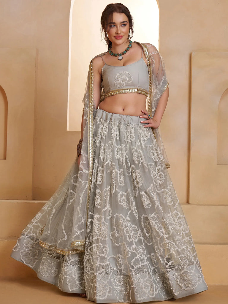 Wonderful Grey Thread Work Net Sangeet Wear Lehenga Choli With Dupatta