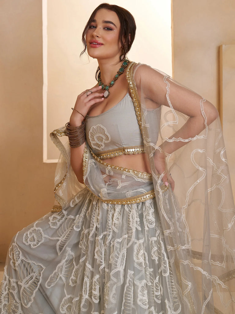 Wonderful Grey Thread Work Net Sangeet Wear Lehenga Choli With Dupatta