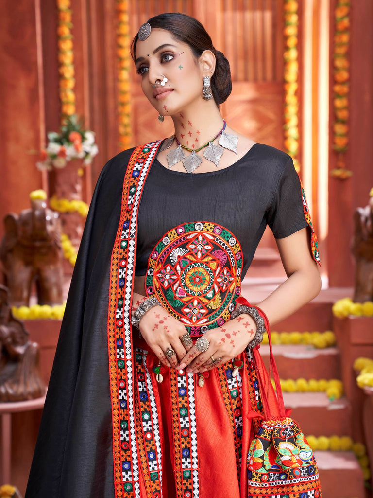 Fabulous Red Gamthi Work Silk Navratri Wear Rajwadi Chaniya Choli