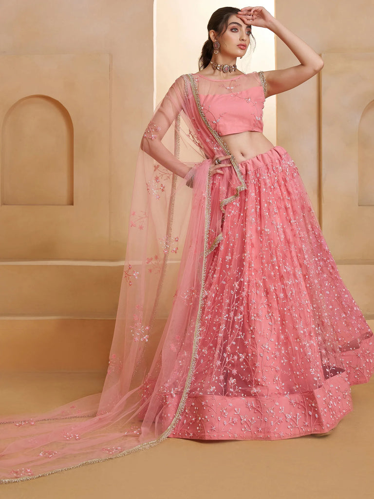 Sparkling Pink Thread Work Net Engagement Wear Lehenga With Blouse