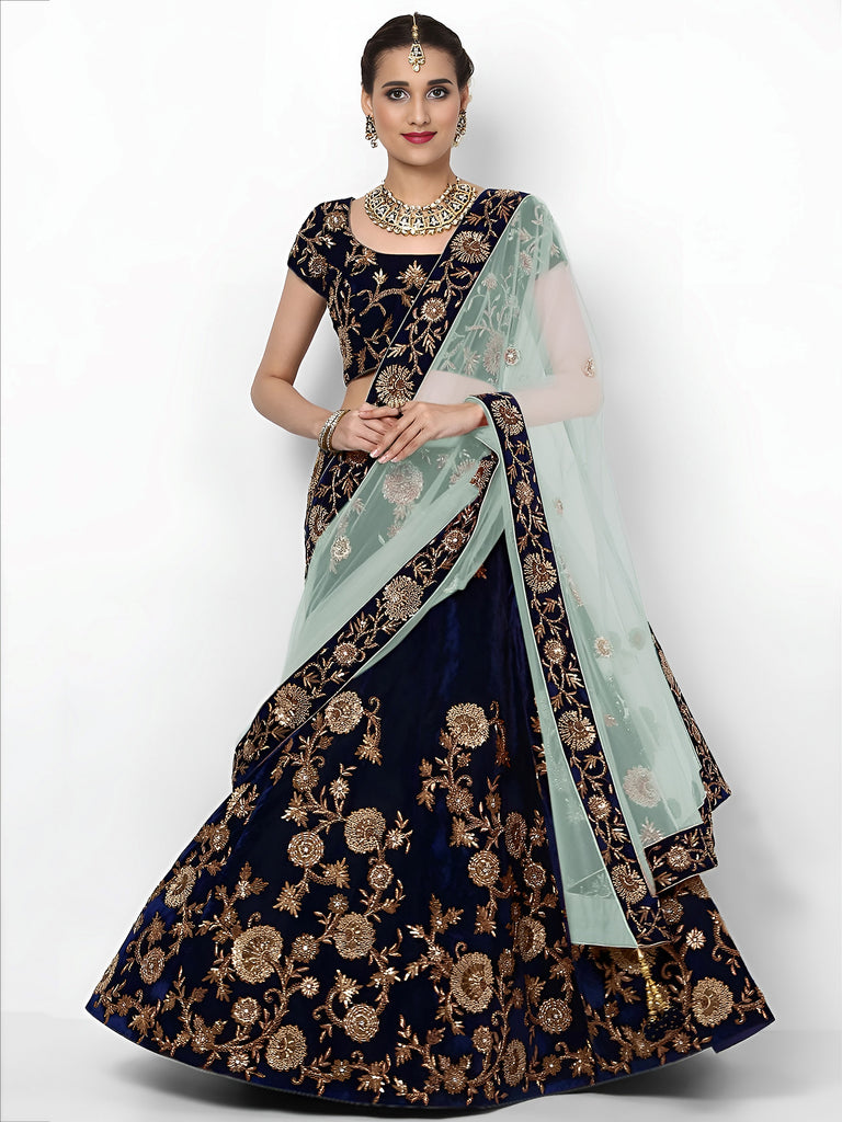 Navy Blue Embroidered Velvet Bridal Lehenga Choli With Sky Blue Dupatta
