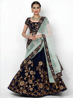 Navy Blue Embroidered Velvet Bridal Lehenga Choli With Sky Blue Dupatta