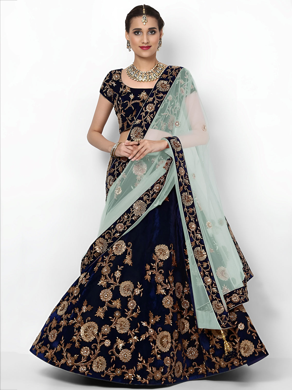 Navy Blue Embroidered Velvet Bridal Lehenga Choli With Sky Blue Dupatta
