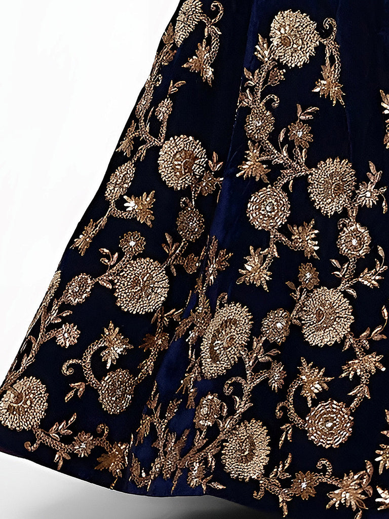 Navy Blue Embroidered Velvet Bridal Lehenga Choli With Sky Blue Dupatta