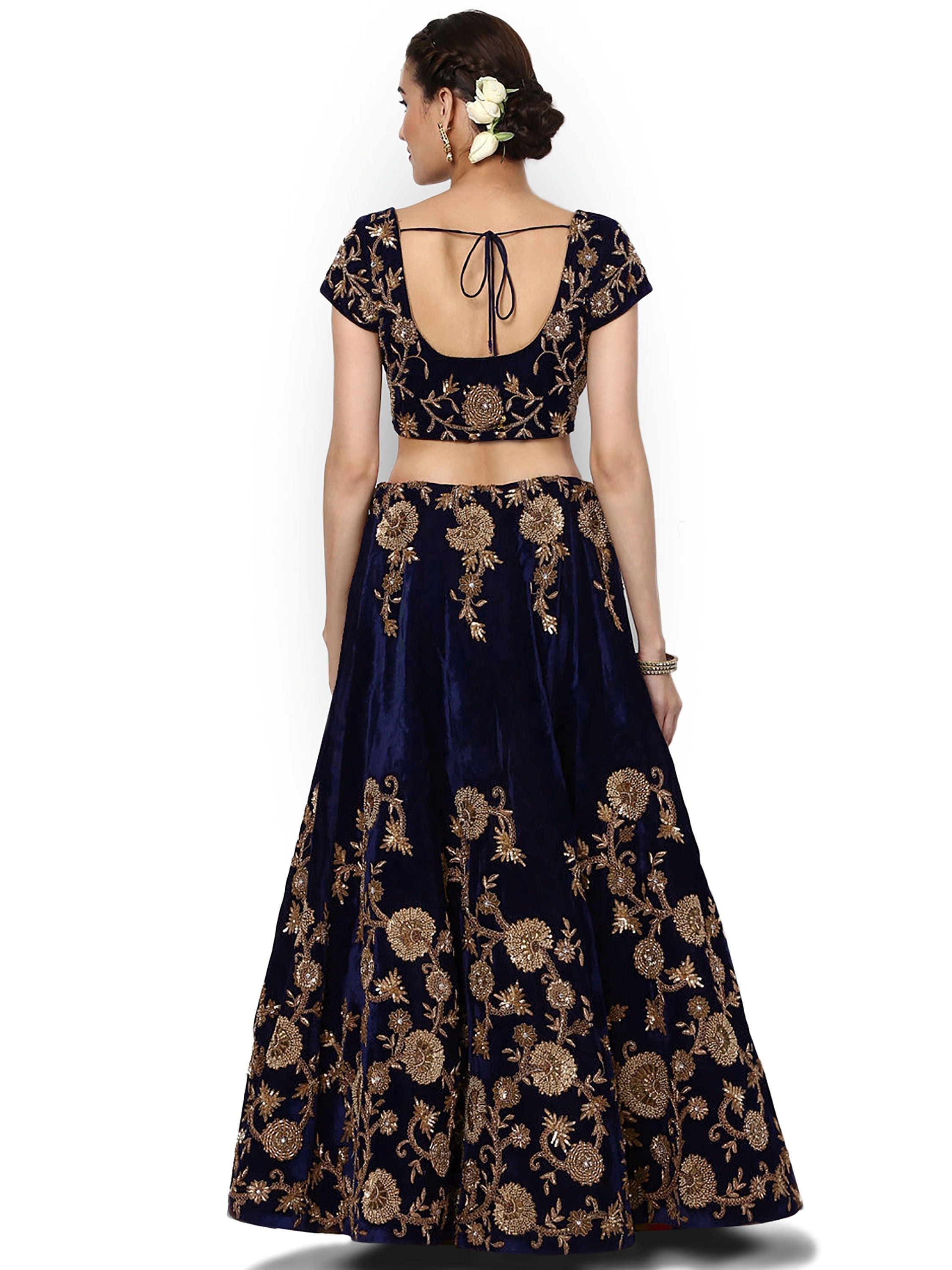Classic Blue Dori Embroidered Velvet Bridesmaid Plus Size Lehenga Choli 