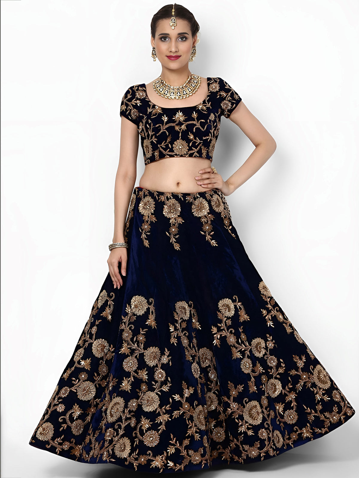 Navy Blue Embroidered Velvet Bridal Lehenga Choli With Sky Blue Dupatta