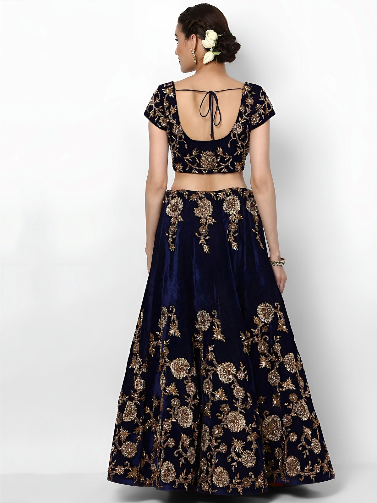 Navy Blue Embroidered Velvet Bridal Lehenga Choli With Sky Blue Dupatta