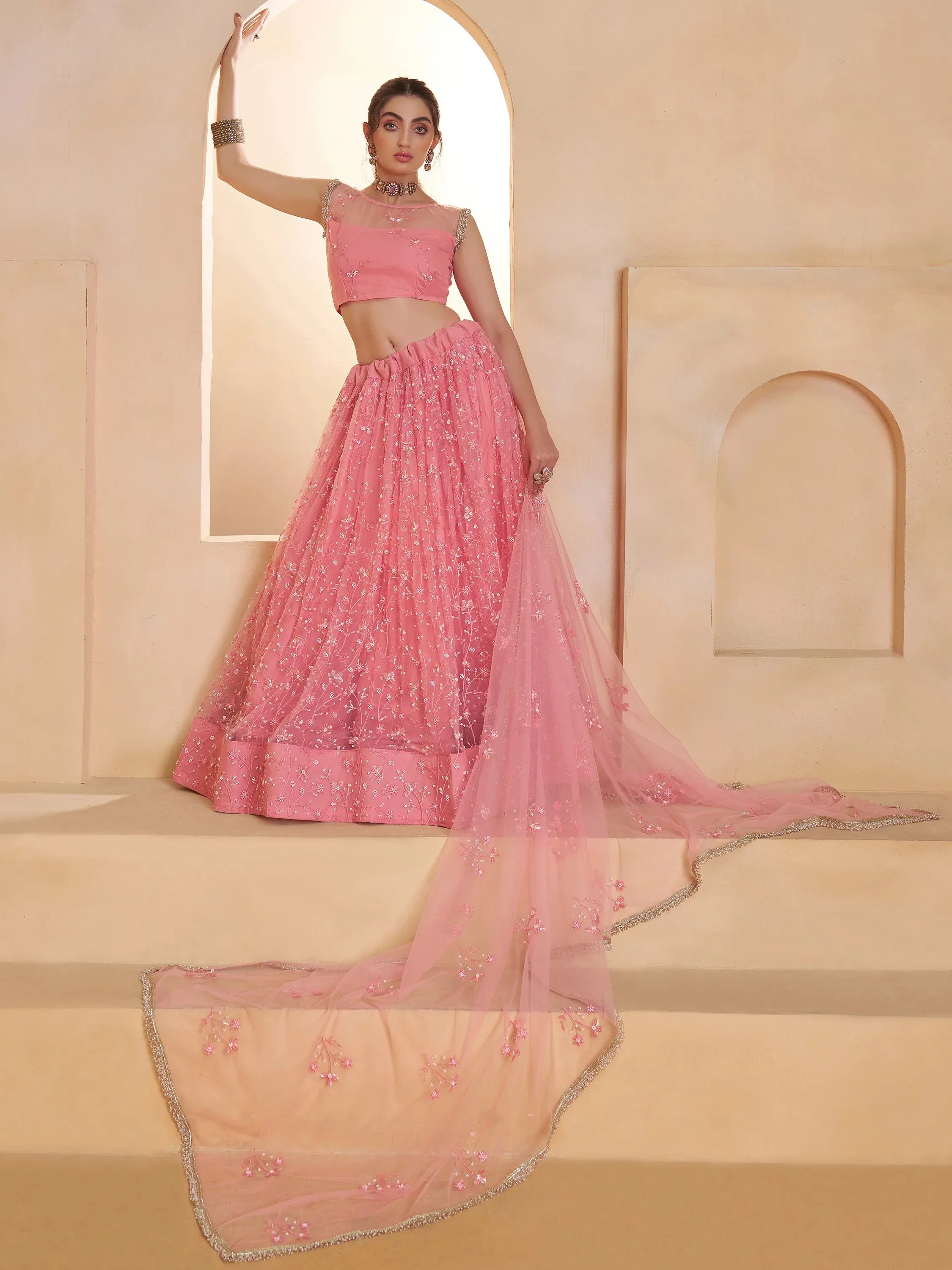 Sparkling Pink Thread Work Net Engagement Wear Lehenga With Blouse