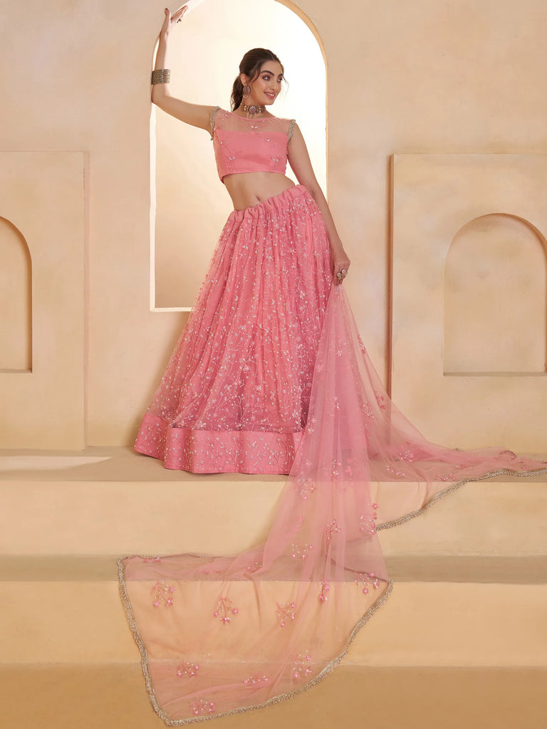 Sparkling Pink Thread Work Net Engagement Wear Lehenga With Blouse