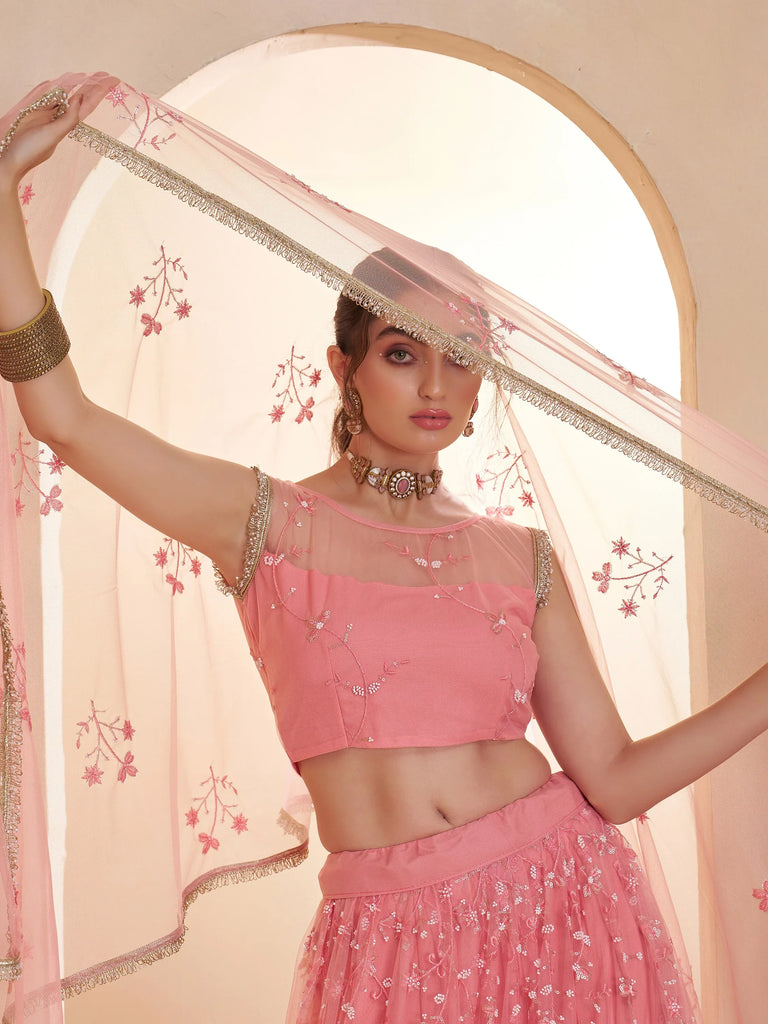Sparkling Pink Thread Work Net Engagement Wear Lehenga With Blouse