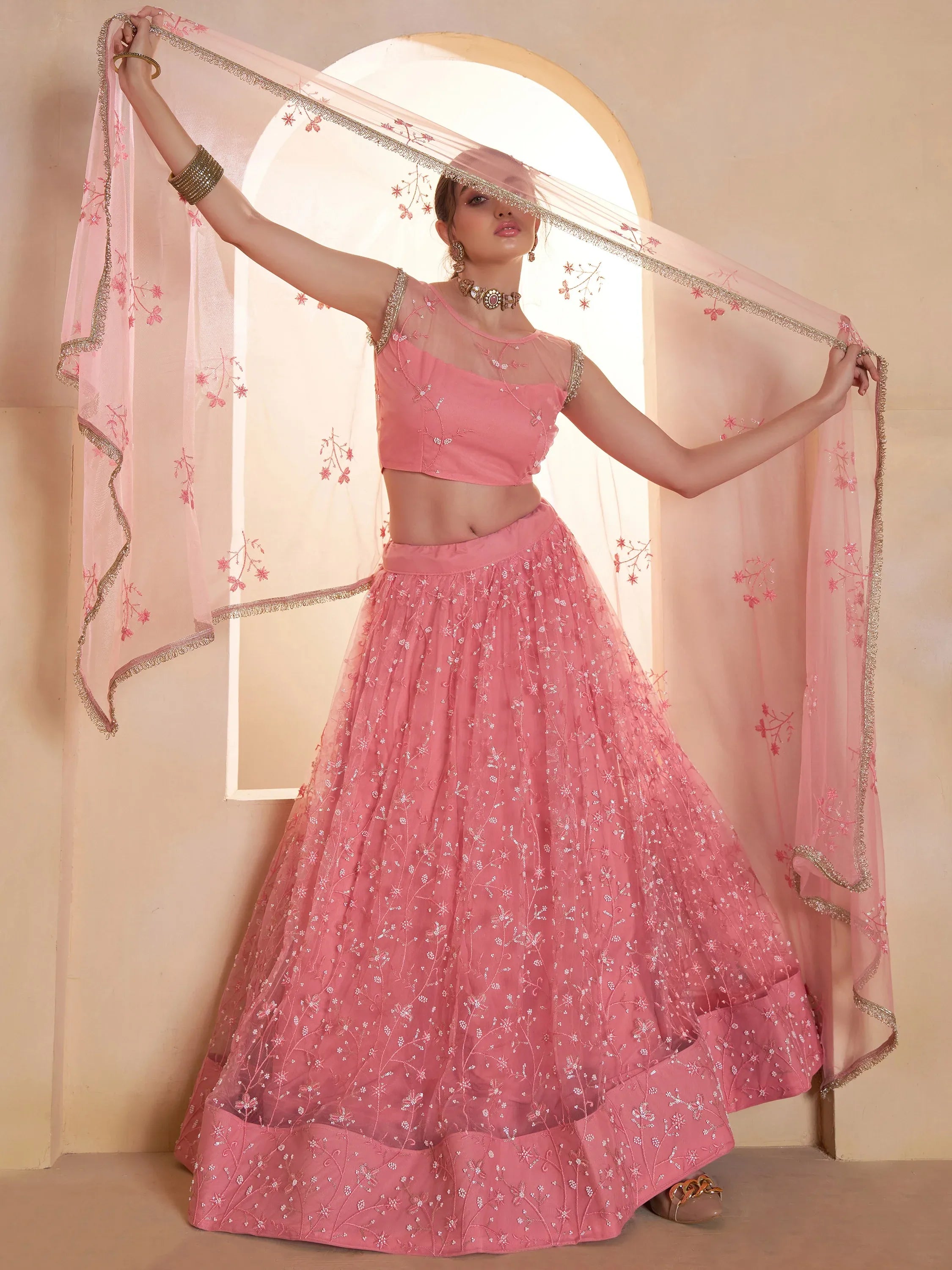 Sparkling Pink Thread Work Net Engagement Wear Lehenga With Blouse