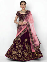 Purple Embroidered Velvet Bridal Lehenga Choli With Baby Pink Dupatta