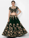 Bottle Green Embroidered Velvet Bridal Lehenga Choli With Pastel Green Dupatta