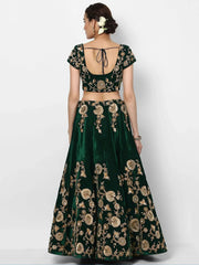 Bottle Green Embroidered Velvet Bridal Lehenga Choli With Pastel Green Dupatta