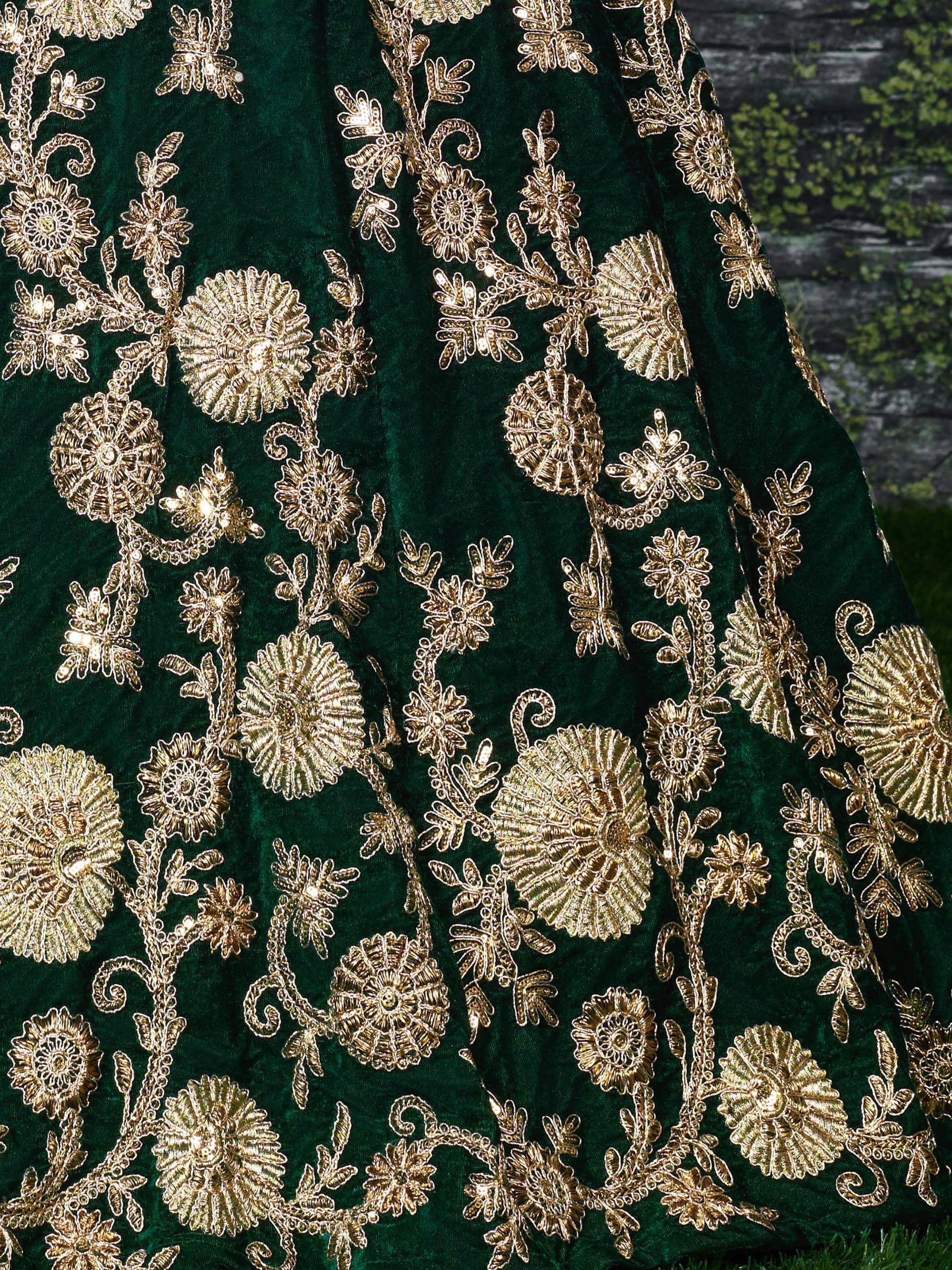 Emerald green velvet with gold floral embroidery for Indian ethnic wear