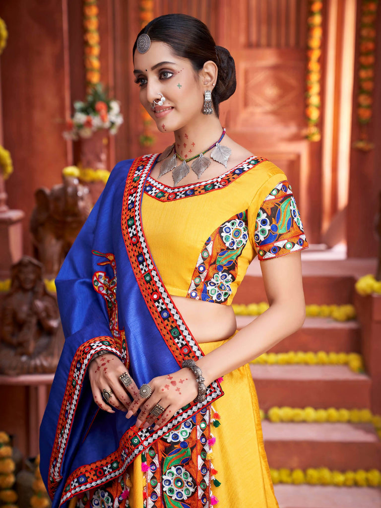 Wonderful Yellow Gamthi Work Silk Festival Rajwadi Ghaghra Choli