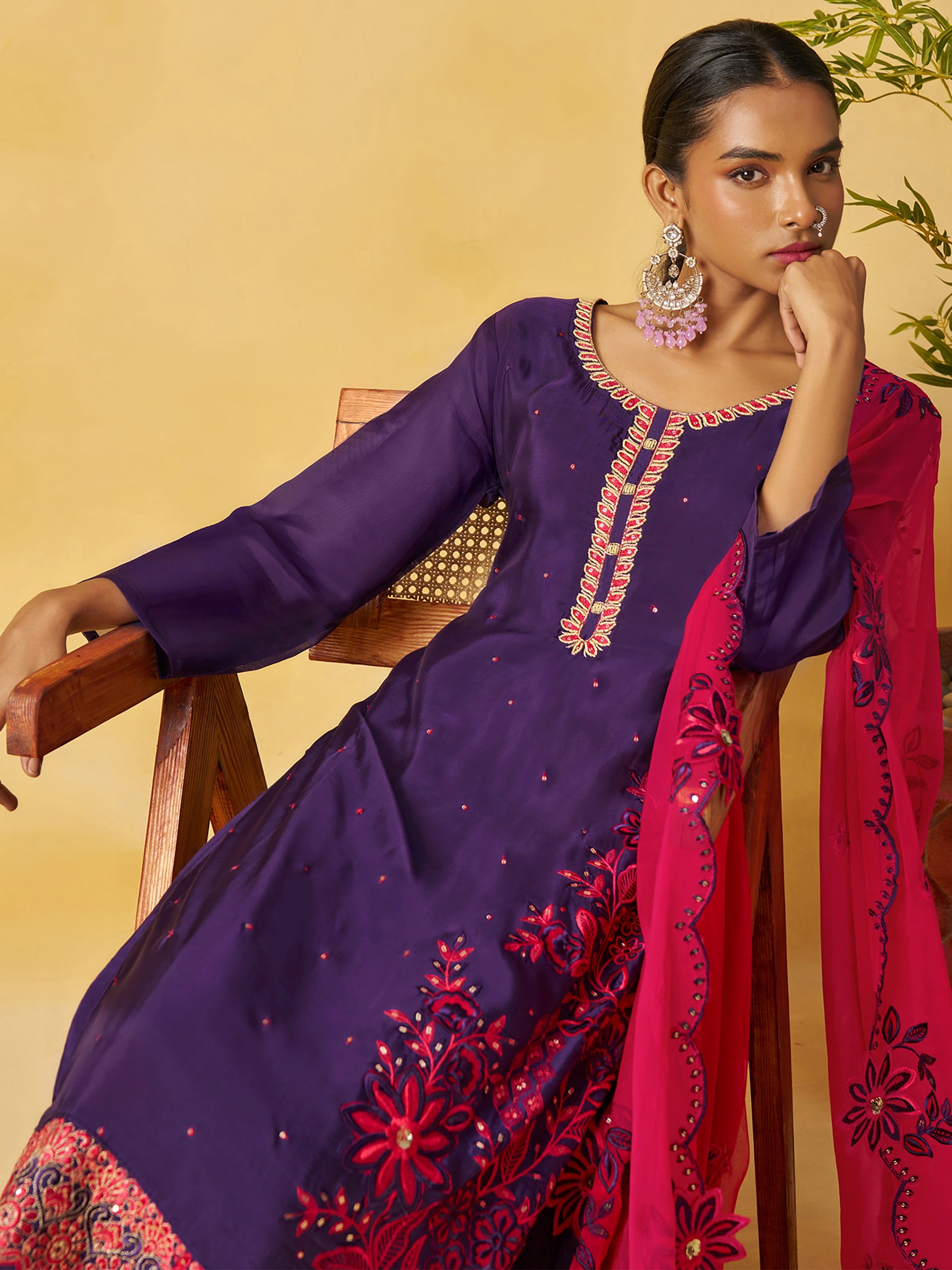 Elegant Purple Embroidered Organza Festival Wear Palazzo Suit