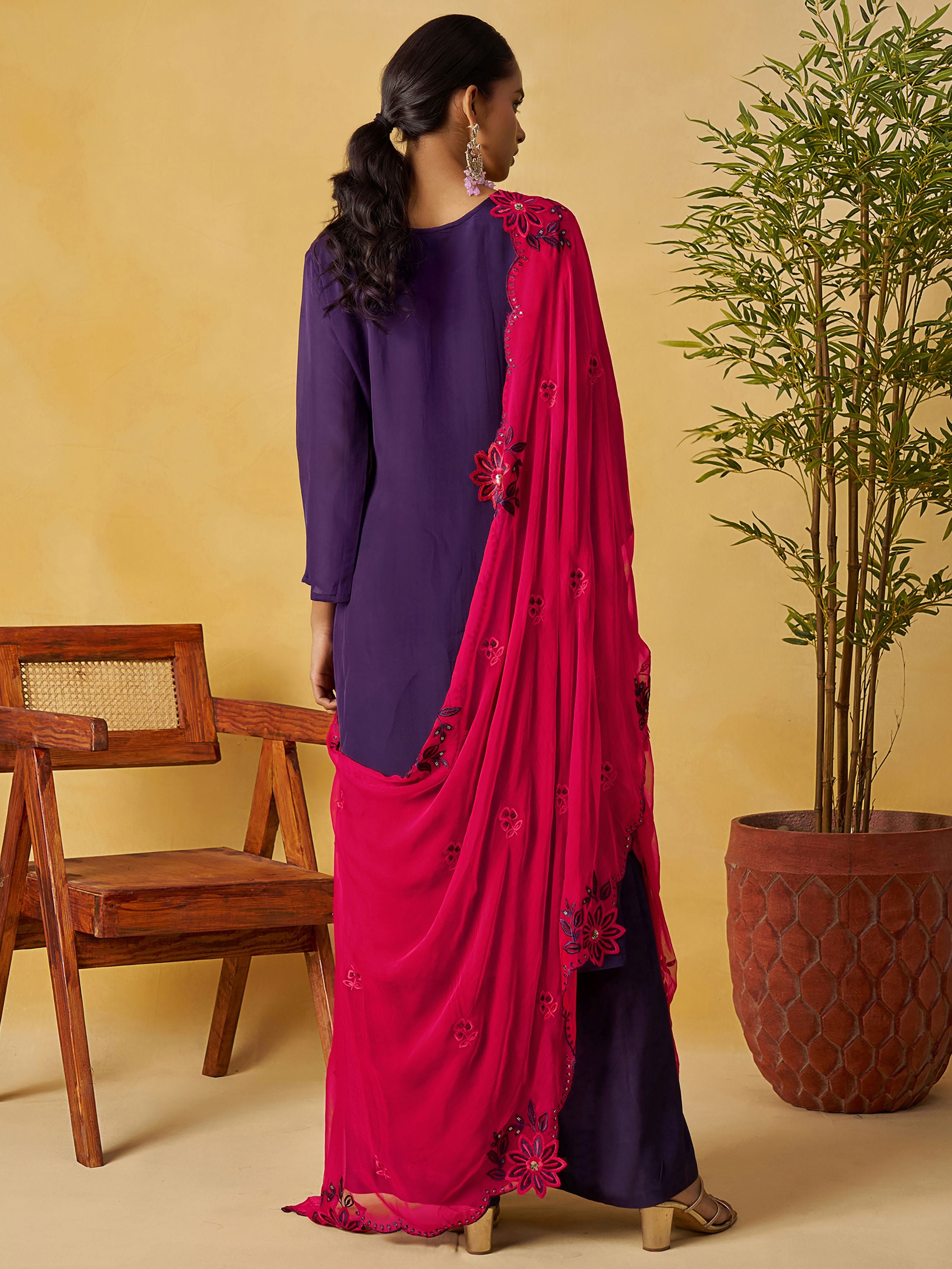 Elegant Purple Embroidered Organza Festival Wear Palazzo Suit