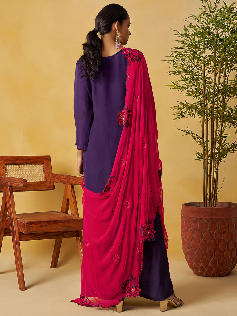 Elegant Purple Embroidered Organza Festival Wear Palazzo Suit