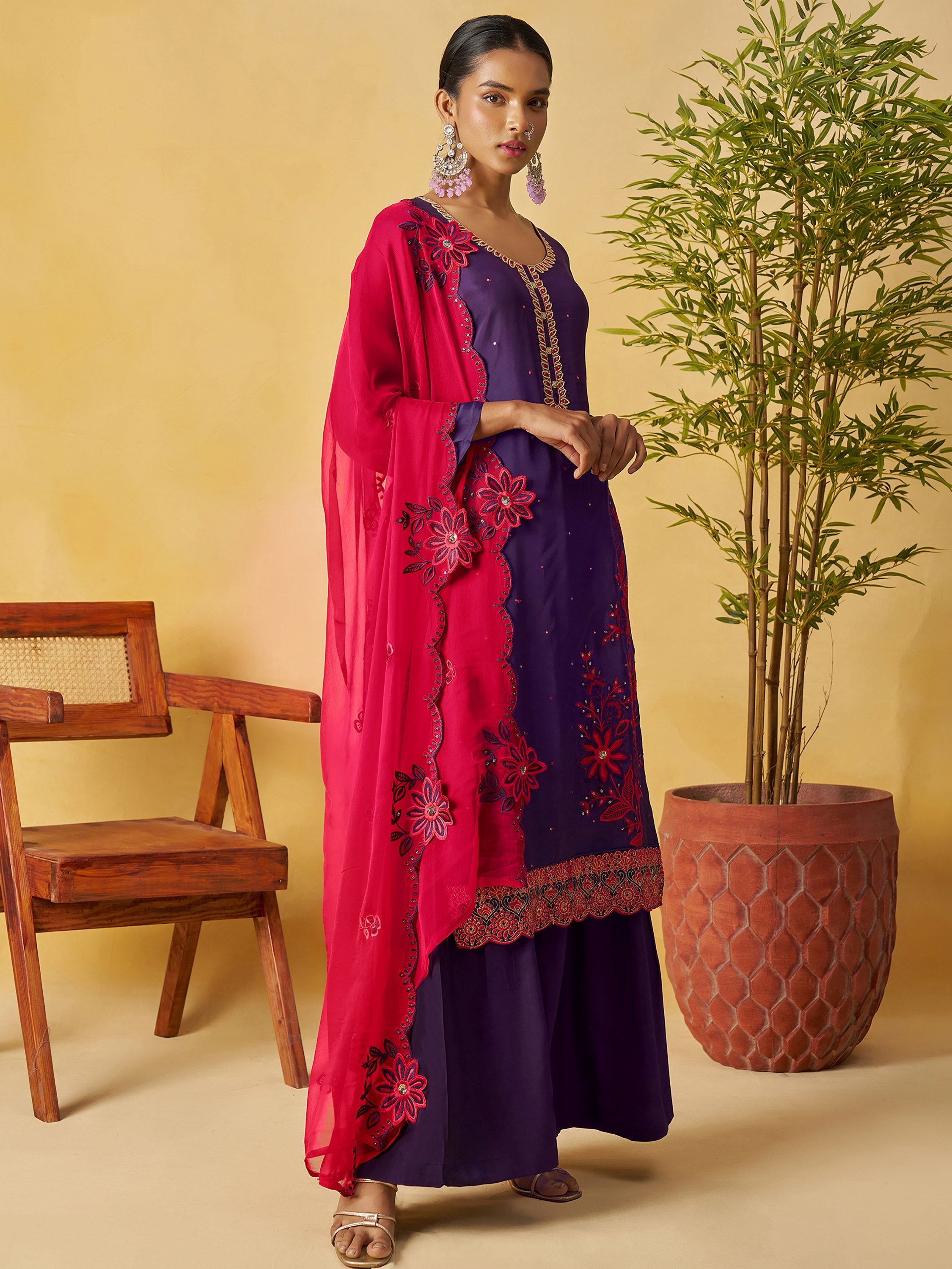 Elegant Purple Embroidered Organza Festival Wear Palazzo Suit